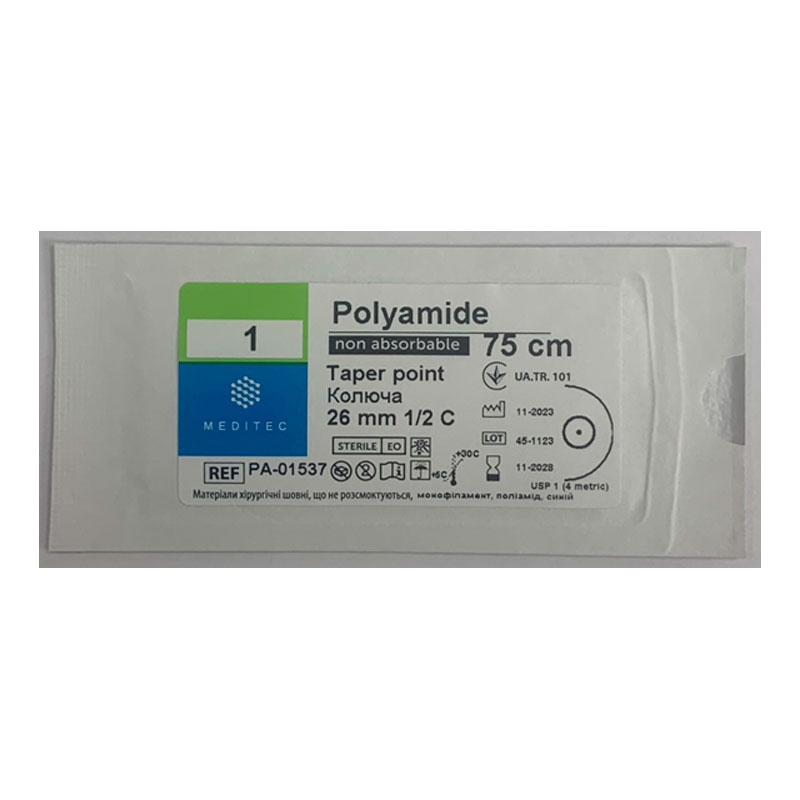 Матеріал шовний хірургічний, що не розсмоктується поліамід, USP 1, монофіламентний, синій, довжиною 75 см, Meditec®